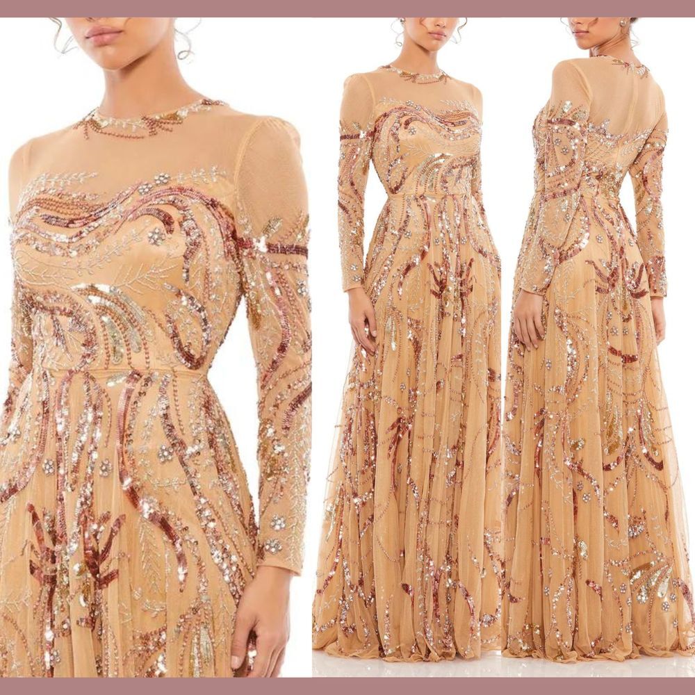 NWT Mac Duggal [ 16 ] 5217 Long Sleeve Embellished‎ Illusion Gown Caramel